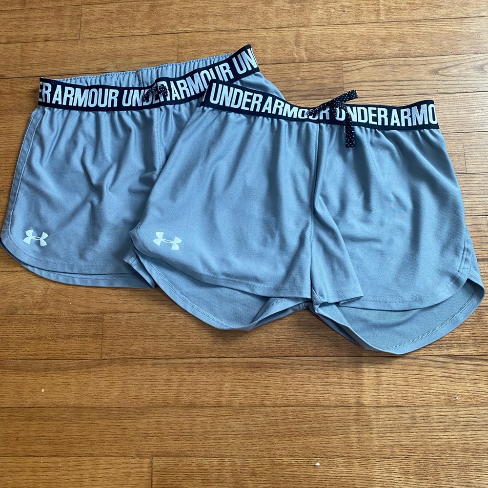 2 Pairs! Under Armour Girls YLG Gray HeatGear Shorts Elastic Waistband Athletic